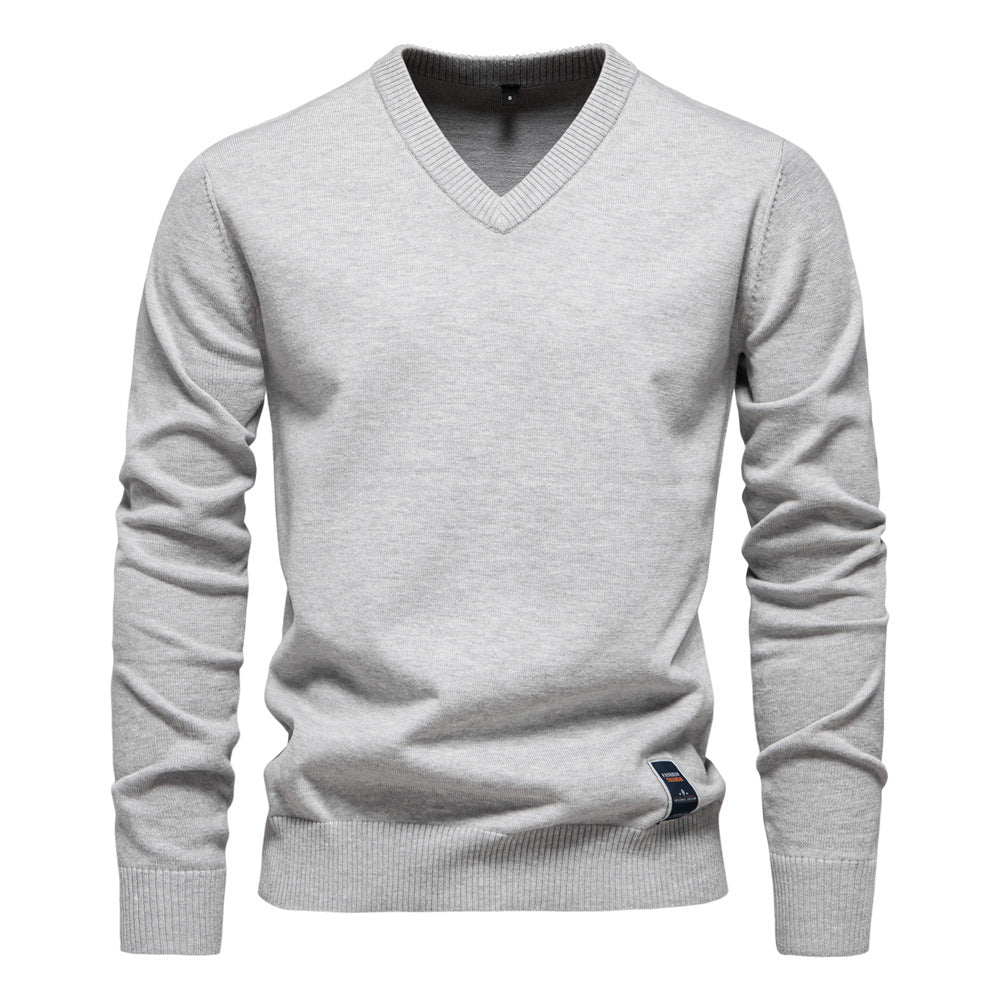 Men's Jumper V-Neck Fine Knit Long Sleeve - Light Grey
