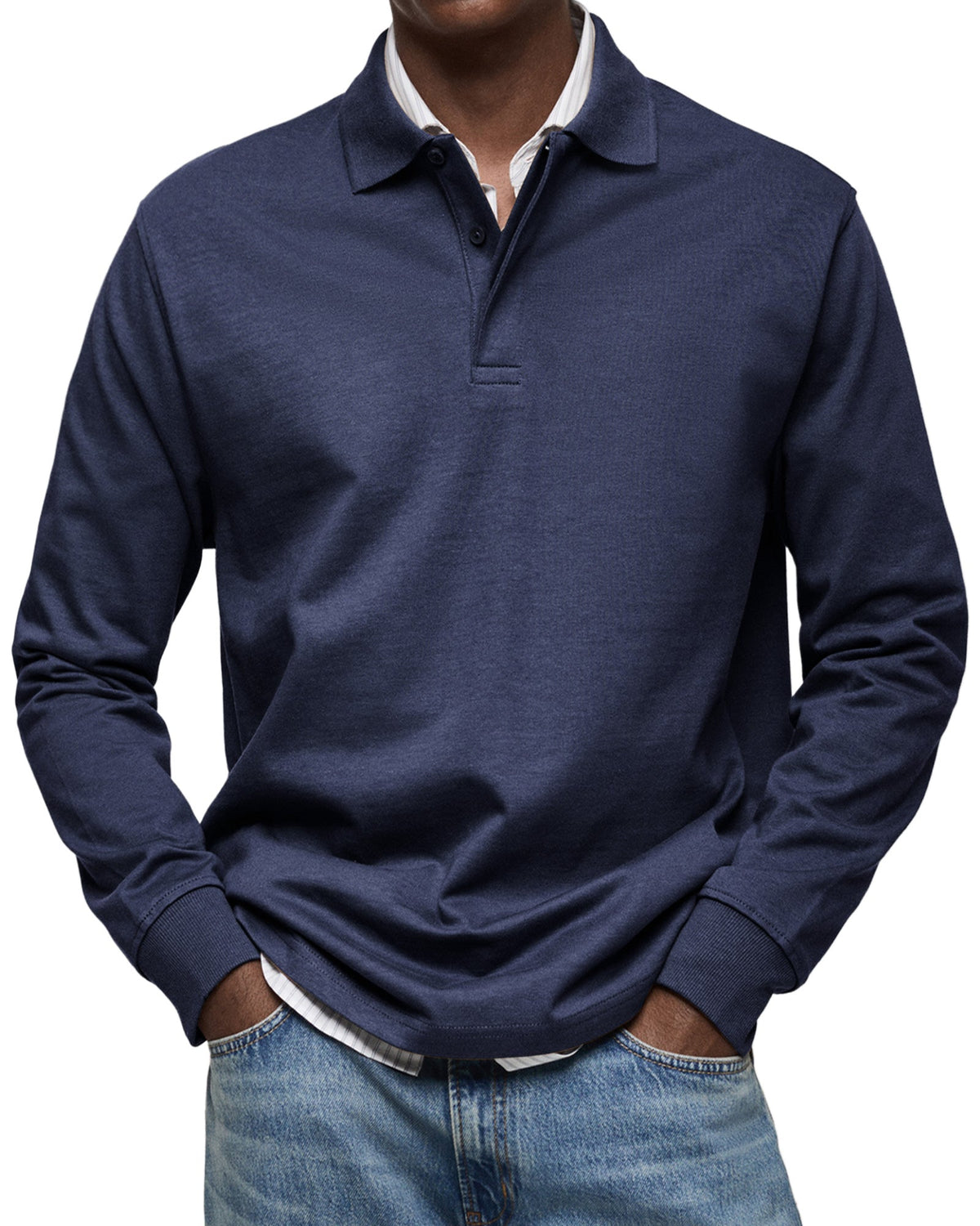 Men's long-sleeve polo jumper with collared neckline and button placket