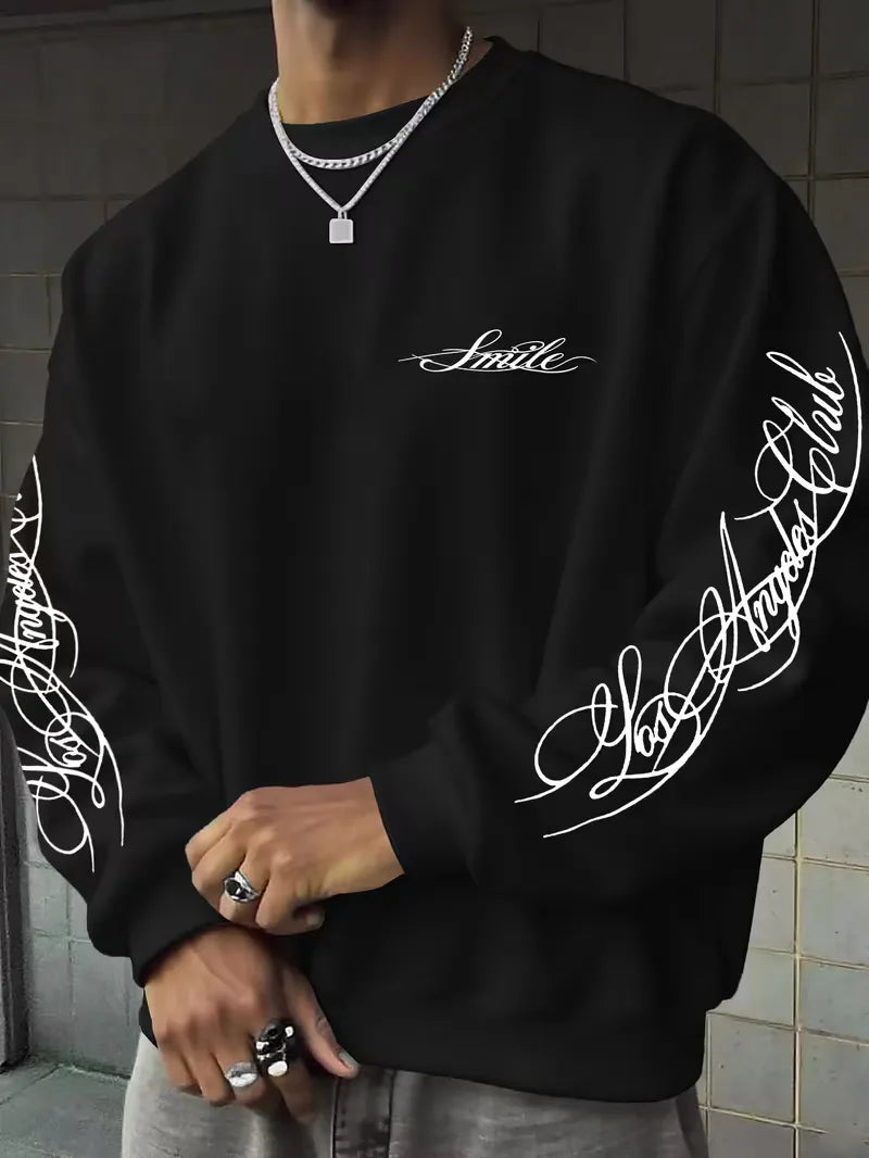 Men's crew-neck sweatshirt with white script graphics on the chest and sleeves