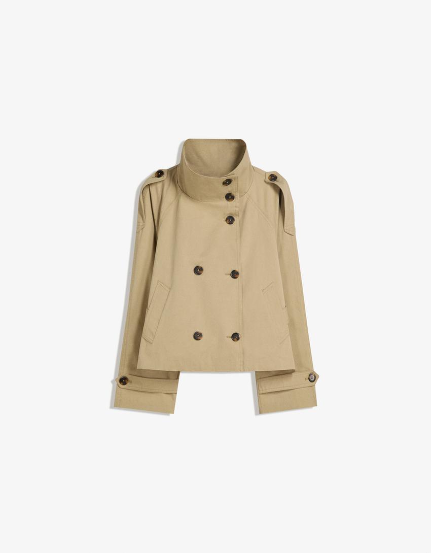 Women's cropped trench jacket with high collar, button front and belted waist