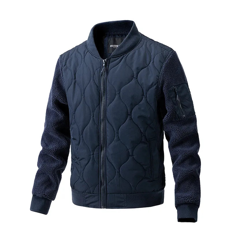 Men's Quilted Jacket Fleece Sleeve Stand Collar - Blue