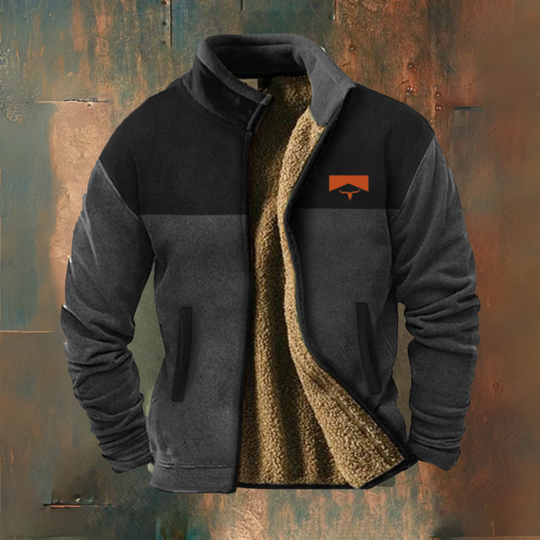 Men's colour block fleece jacket with stand collar, zip front and two pockets