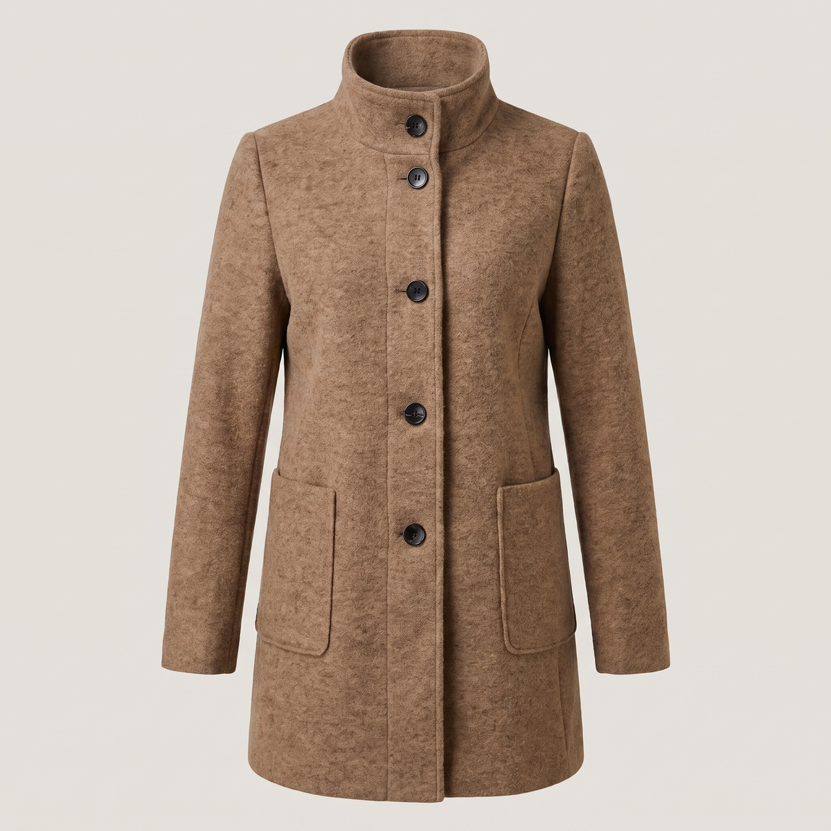 Women's longline coat with raised collar, button front and patch pockets