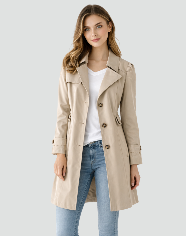 Women's slim fit trench coat with notched lapels, buttons and flap pockets
