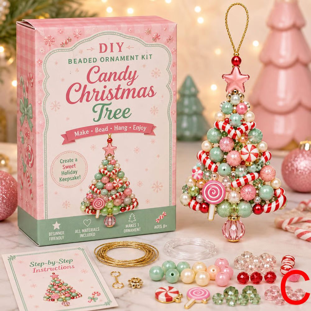 DIY beaded Christmas ornament kits with layered tree and snowflake designs, beads, wire and instructions