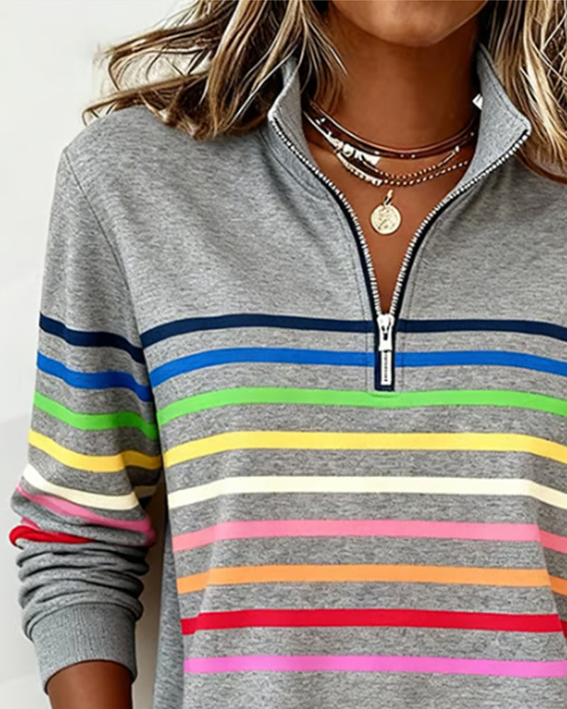 Women's striped half-zip sweatshirt with mock neck and long sleeves