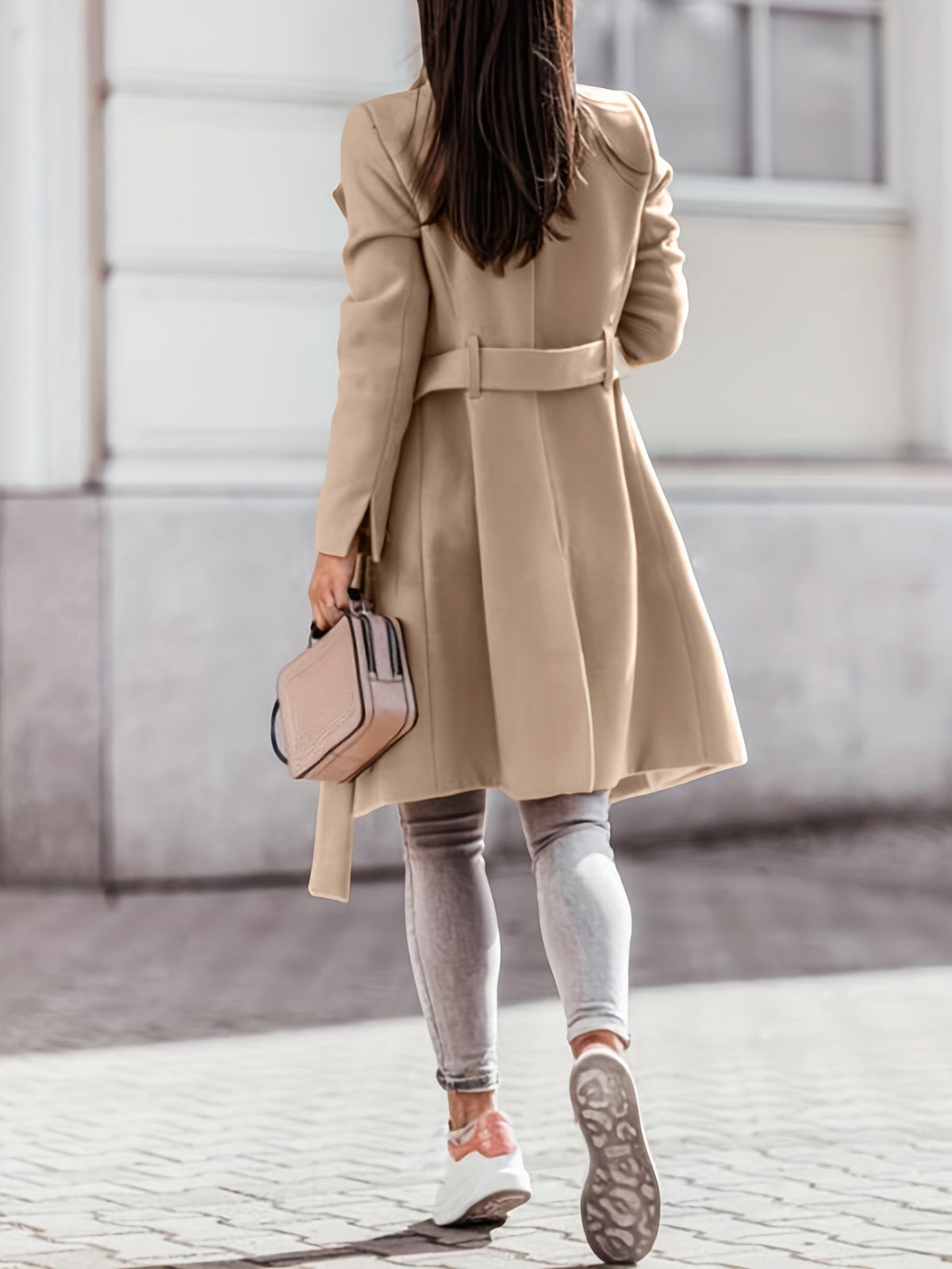 Women's khaki long double-breasted trench coat with lapel collar