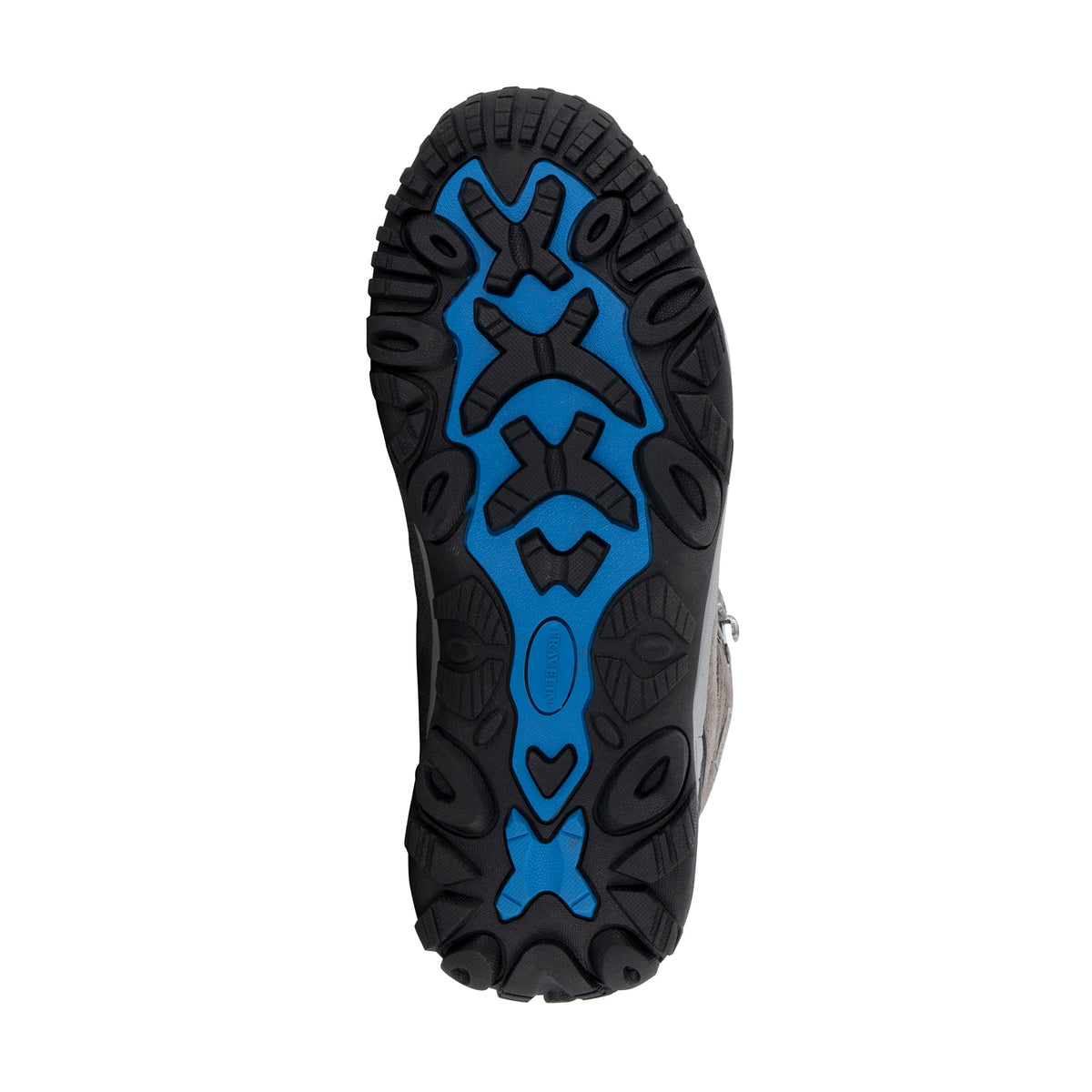 Grey lace-up hiking boots with blue detailing and black treaded soles