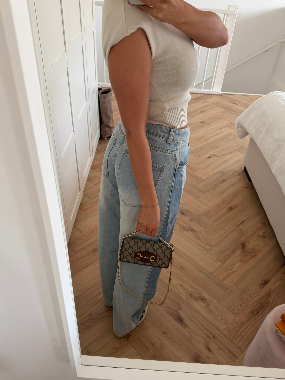 Women's light blue high-rise wide leg jeans with five-pocket design