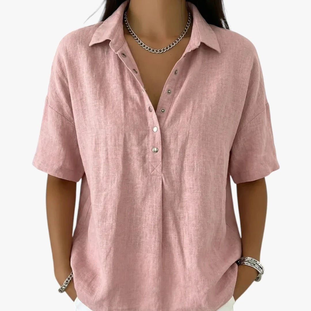 Women's oversized short-sleeve shirt blouse with classic collar and button placket