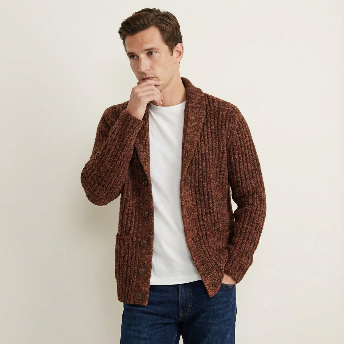 Men's chunky textured knit cardigan with shawl collar and button front