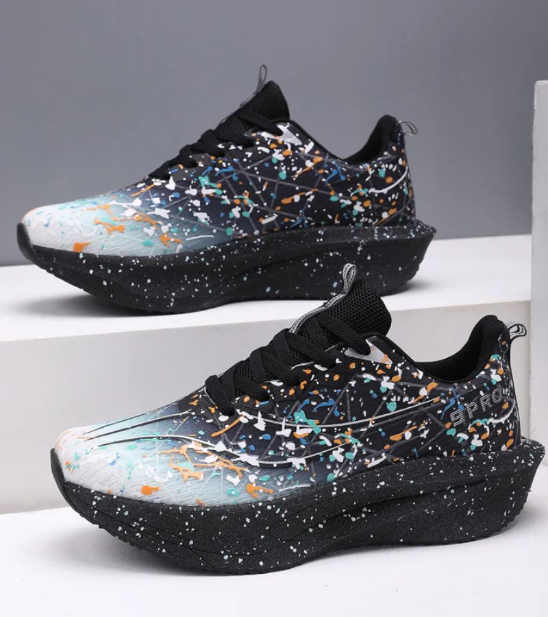 Abstract paint-splatter lace-up platform trainers