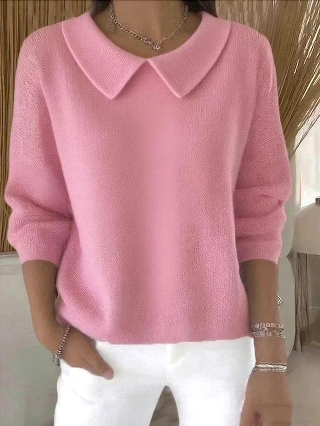 Women's long sleeve collared sweater with rounded collar and hip-length straight fit
