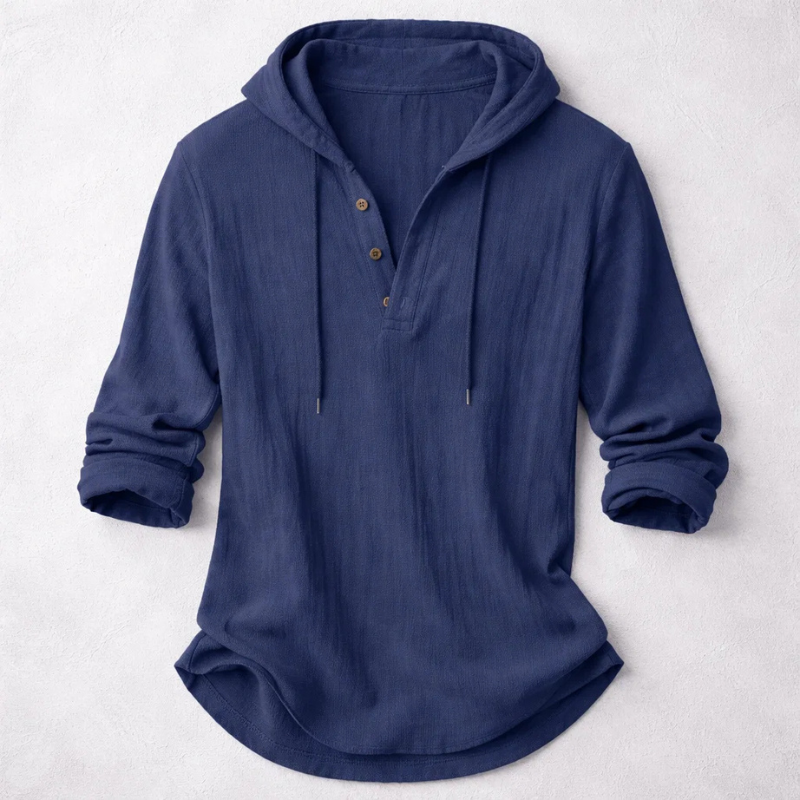 Men's long-sleeve hooded shirt with button placket and curved hem