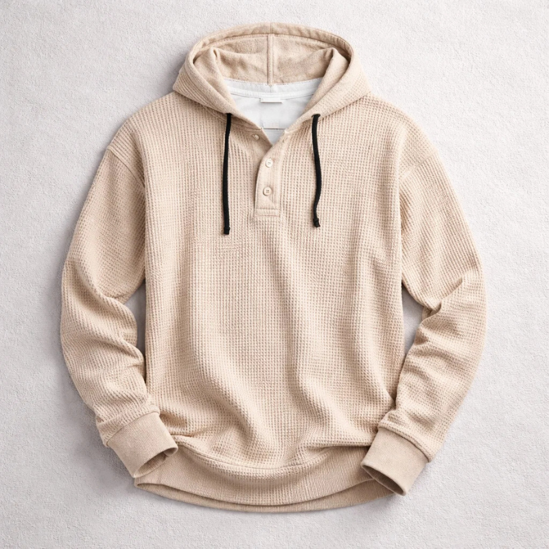 Men's waffle-knit Henley hoodie with drawstring hood and long sleeves