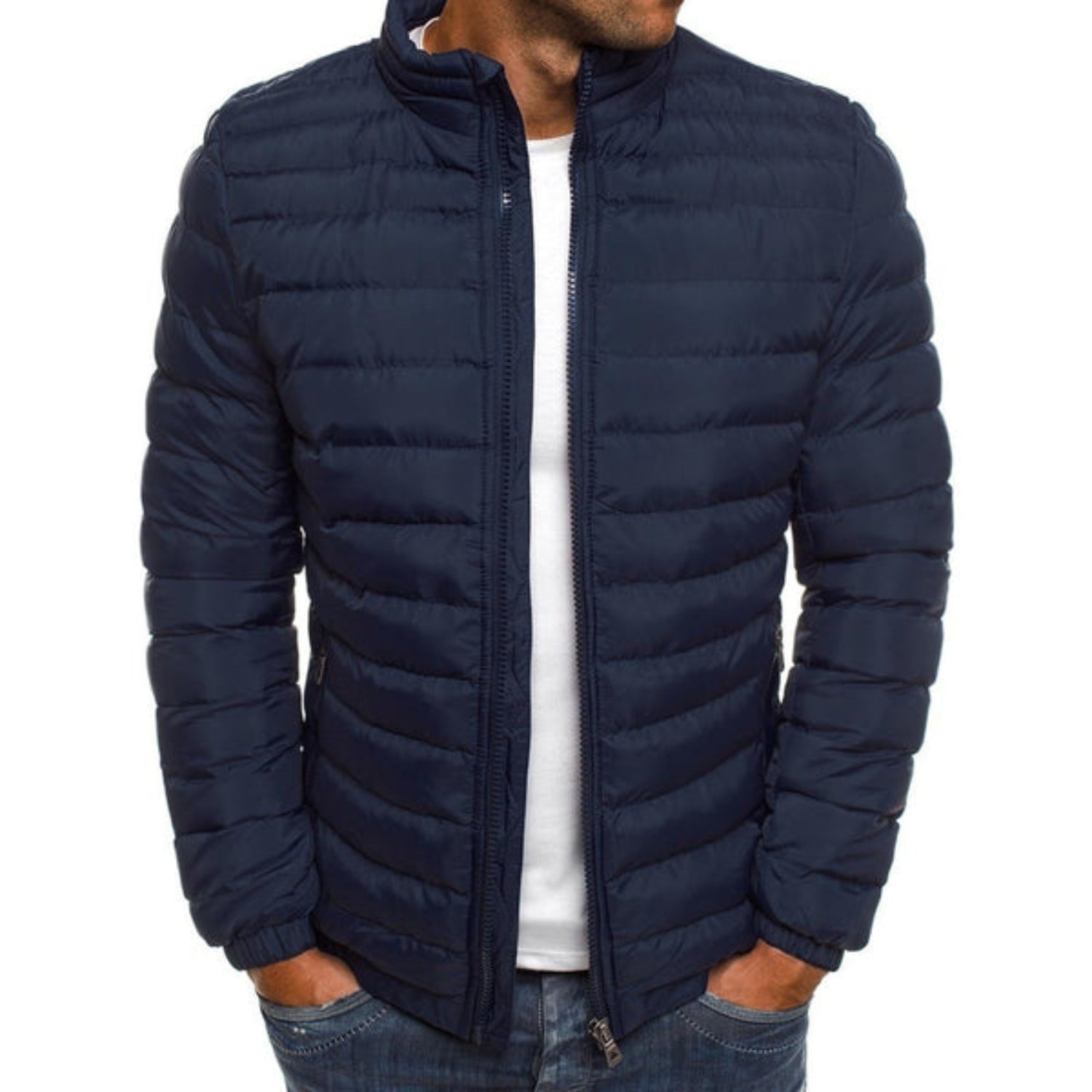 Men's Puffer Jacket Lightweight Stand Collar Zip - Black