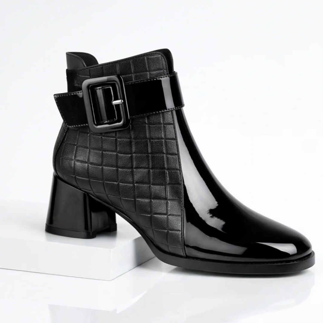 Women's quilted ankle boots with buckle strap, glossy panels and block heel