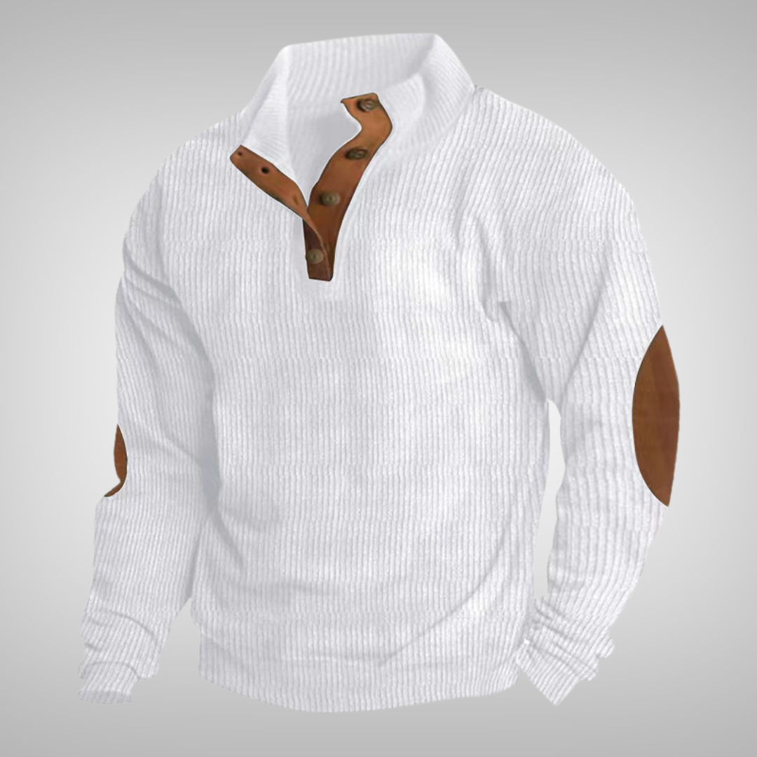 Men's ribbed jumper with stand collar, button neck and brown elbow patches