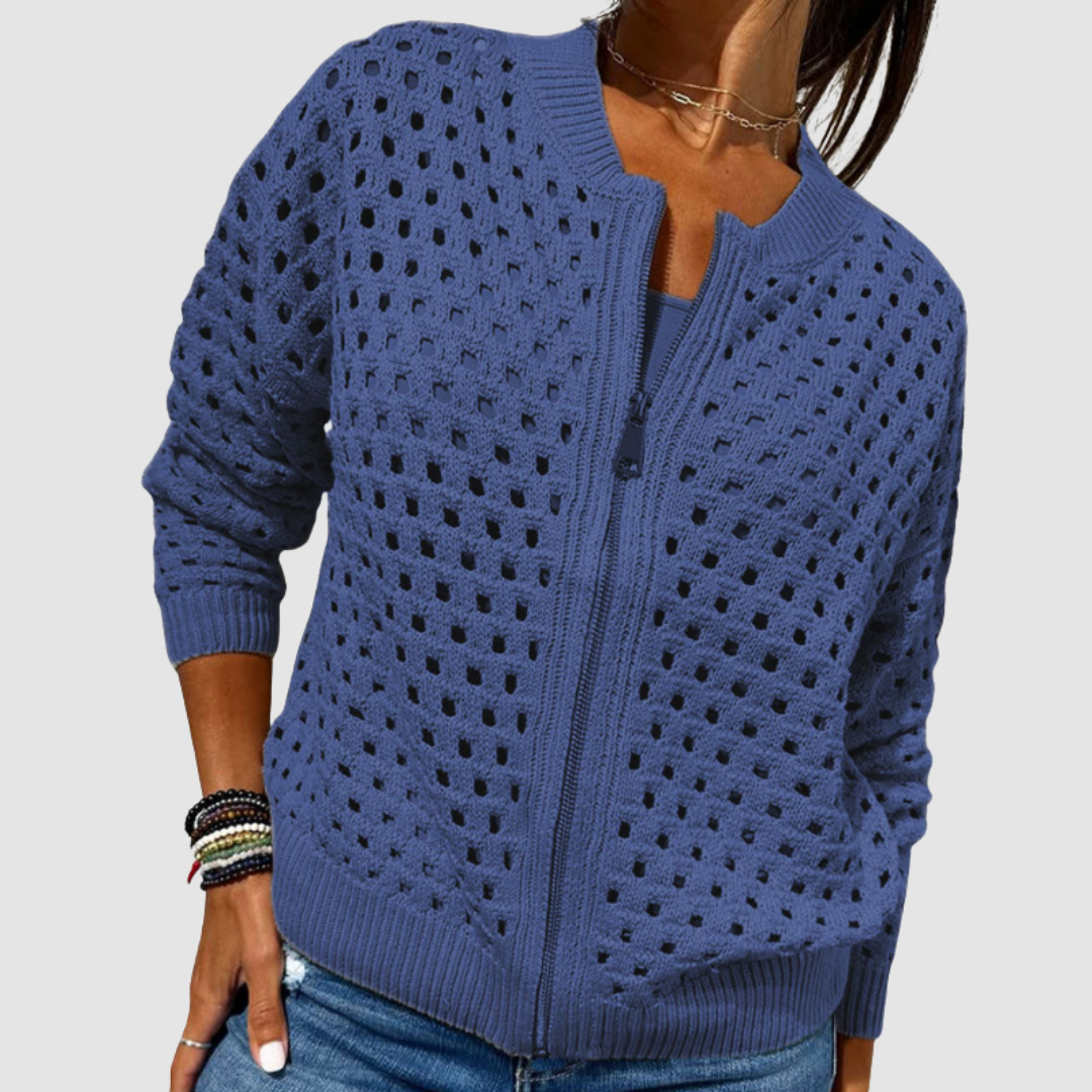 Women's openwork knitted cardigan with crew neck and front zip