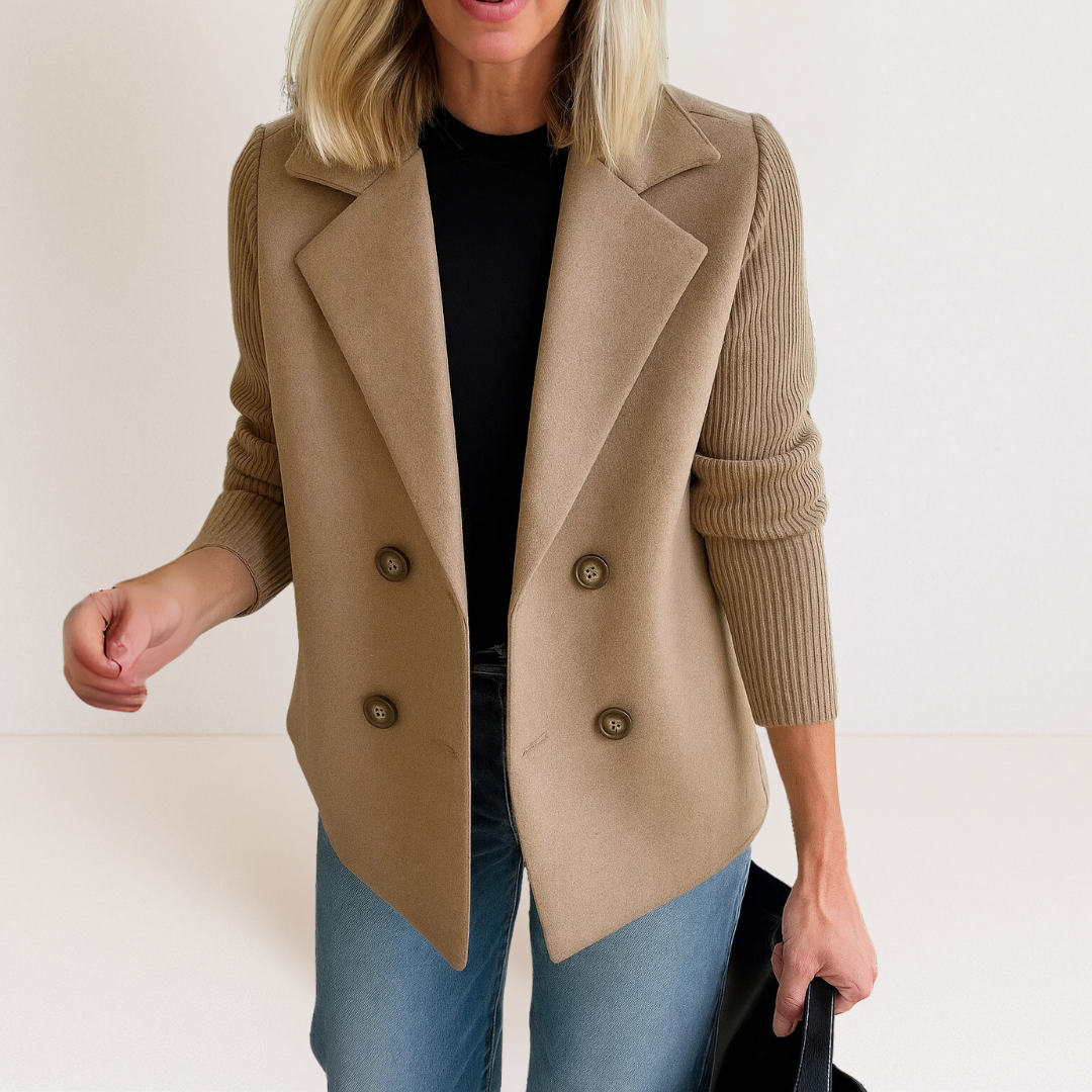 Women's double-breasted blazer with ribbed sleeves and notched lapels