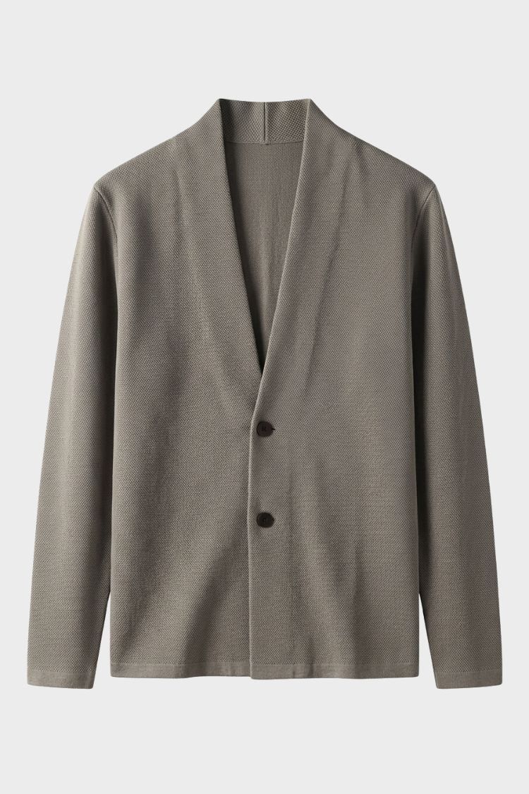 Men's textured long-sleeve cardigan with stand collar and button front