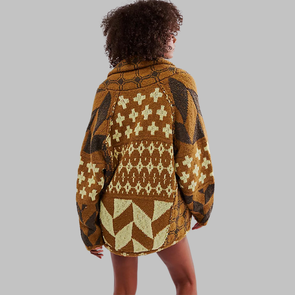 Women's oversized multi-patterned cardigan with shawl collar and button front