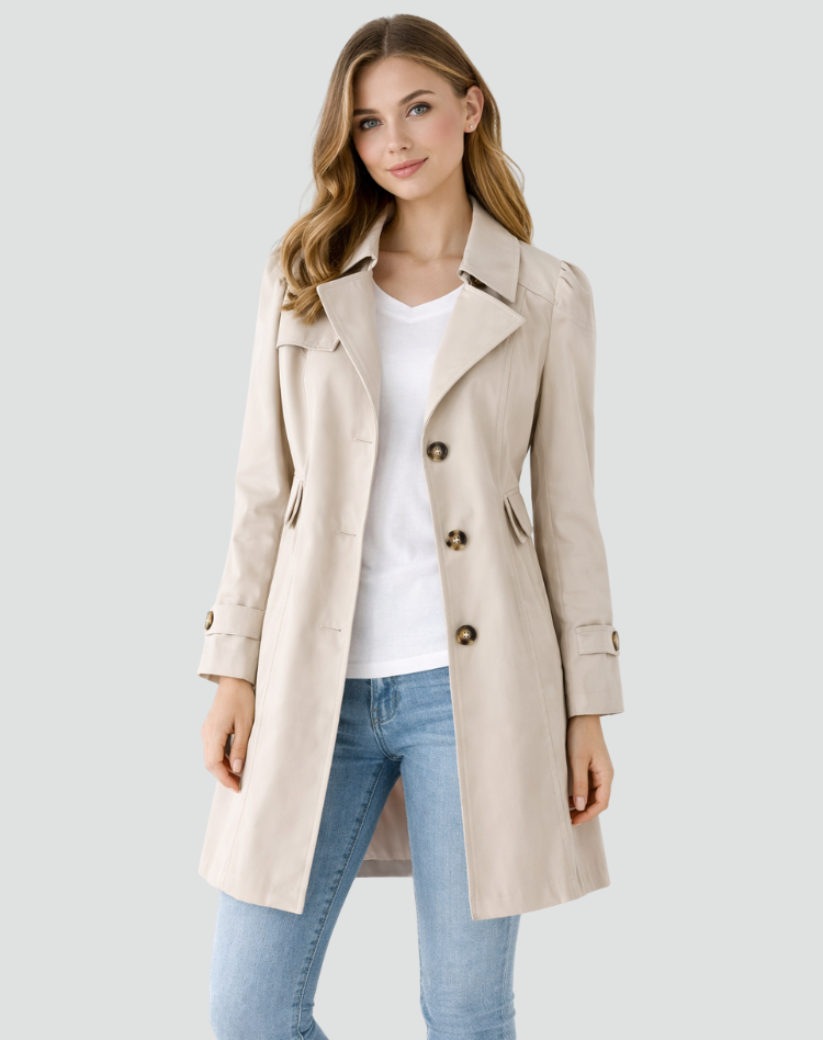 Women's slim fit trench coat with notched lapels, buttons and flap pockets