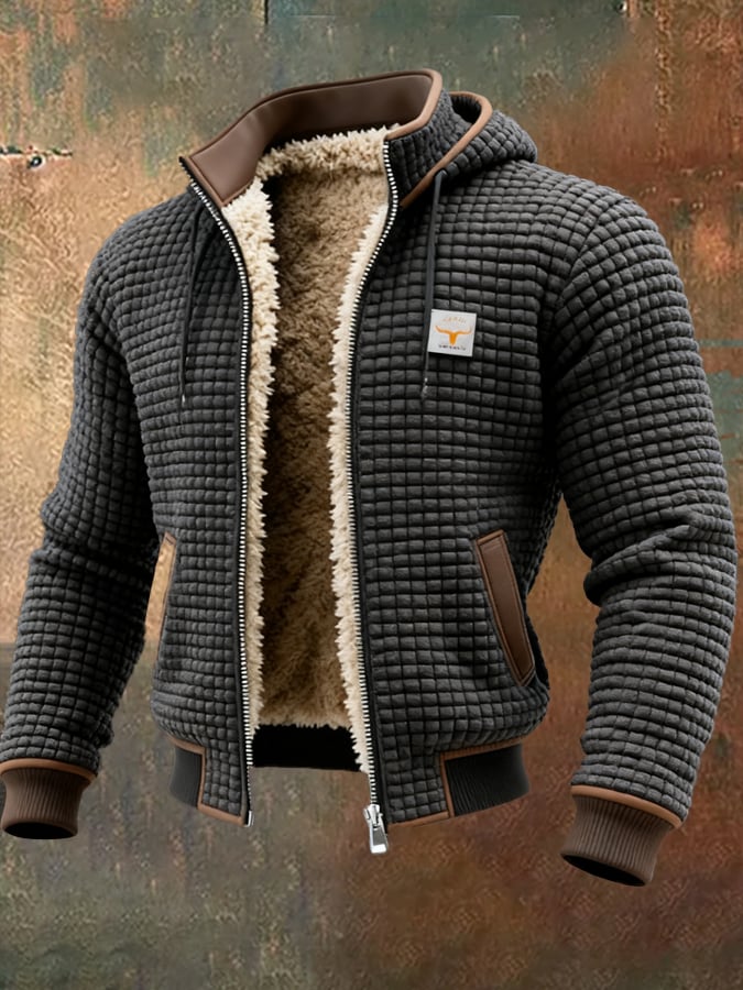 Men's quilted hooded jacket with sherpa lining and zip fastening