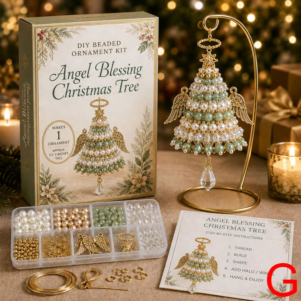 DIY beaded Christmas ornament kits with layered tree and snowflake designs, beads, wire and instructions