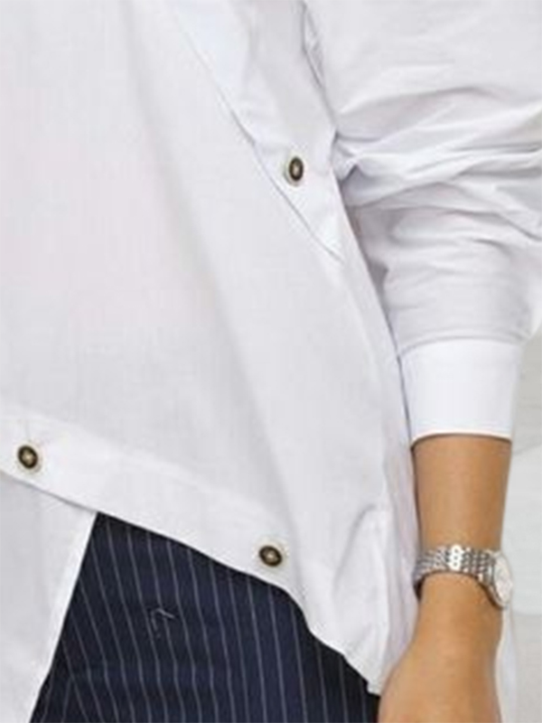 Women's white asymmetric blouse with stand collar and long sleeves