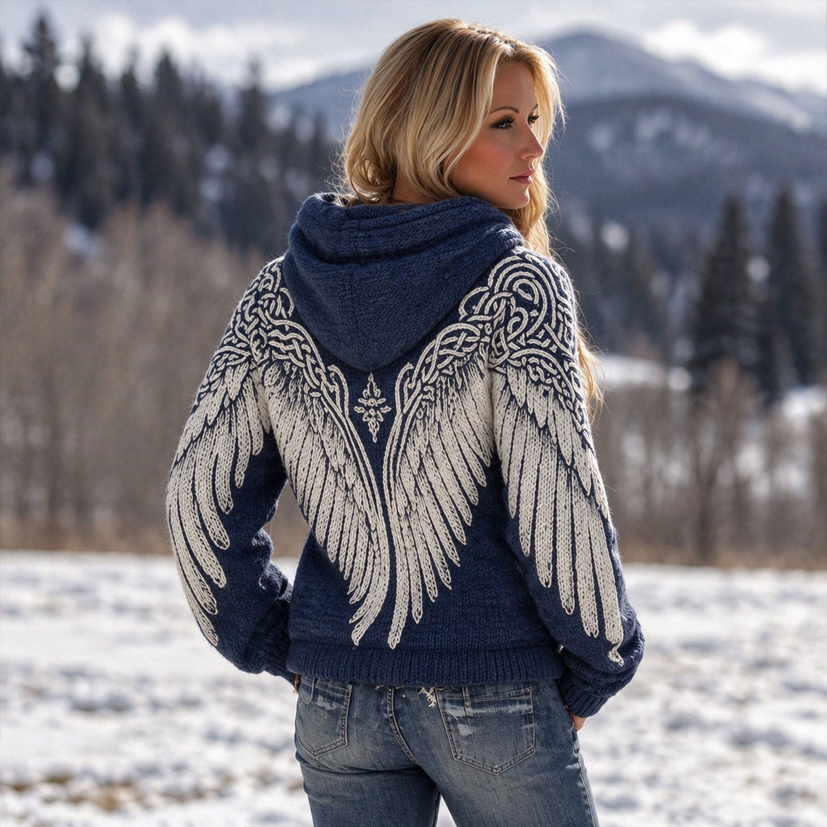 Women's hooded jumper with wing and Celtic knot jacquard motif