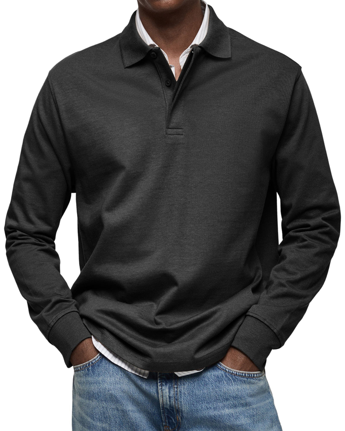 Men's long-sleeve polo jumper with collared neckline and button placket