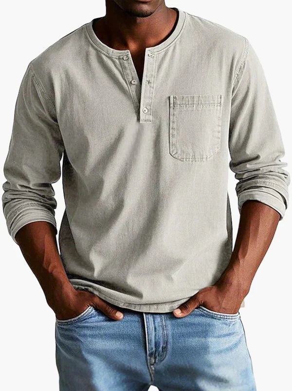 Men's long sleeve Henley shirt with Mandarin collar and chest pocket