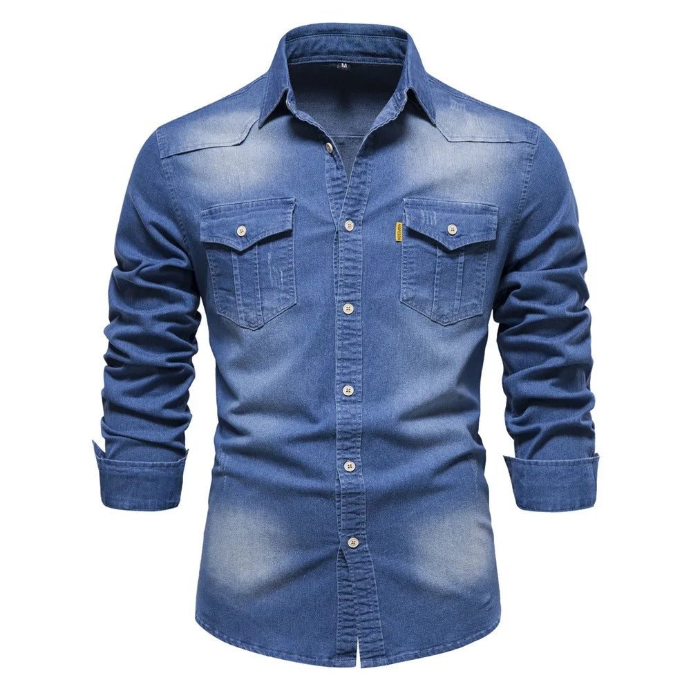 Men's Denim Shirt Western Dual Chest Pockets Long Sleeve - Blue