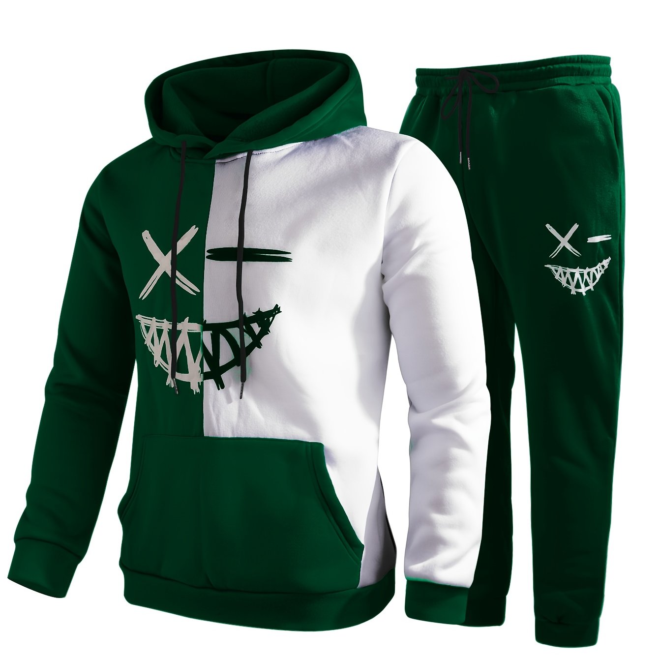 Men's Tracksuit Hoodie Two-Piece Drawstring Joggers - Dark Green