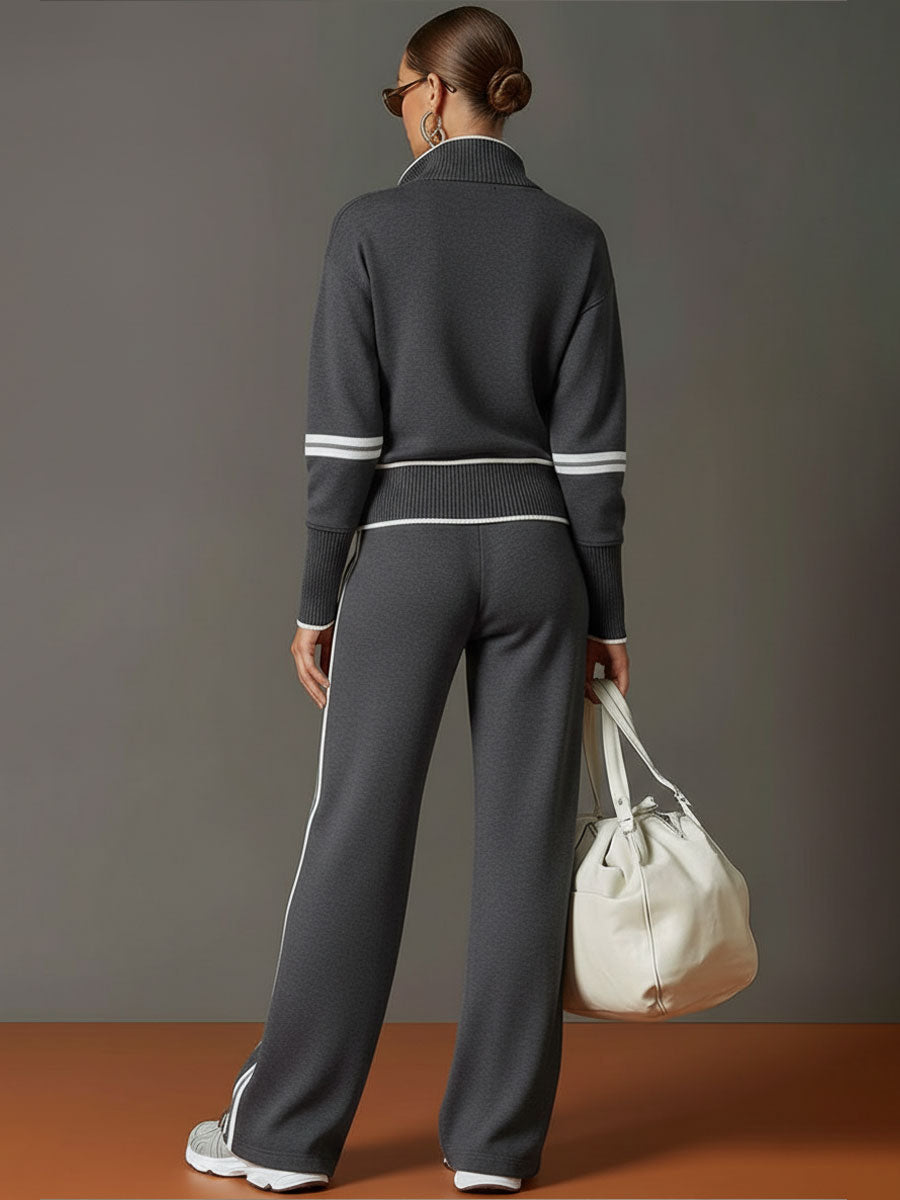 Ribbed Zip Lounge Set Grey White Loose Fit Tracksuit