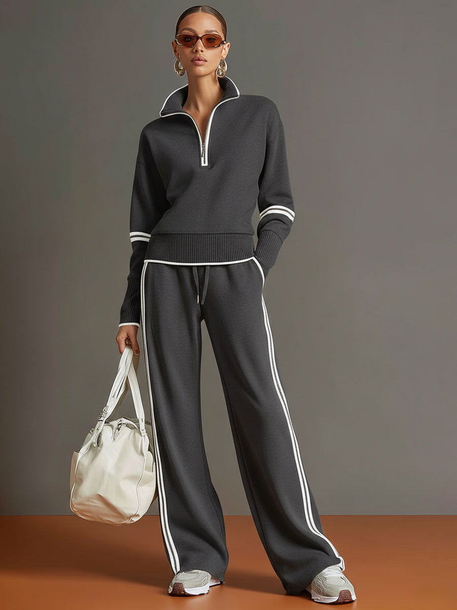 Ribbed Zip Lounge Set Grey White Loose Fit Tracksuit