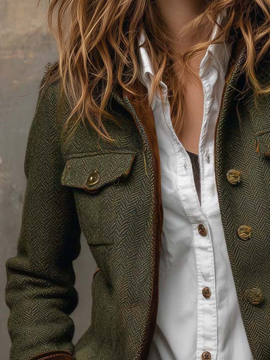 Women's olive herringbone blazer with brown contrast trim, long sleeves and button front