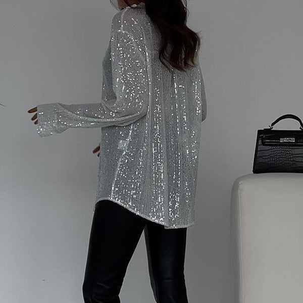 Women's long-sleeve sequin blouse with open collar and button front