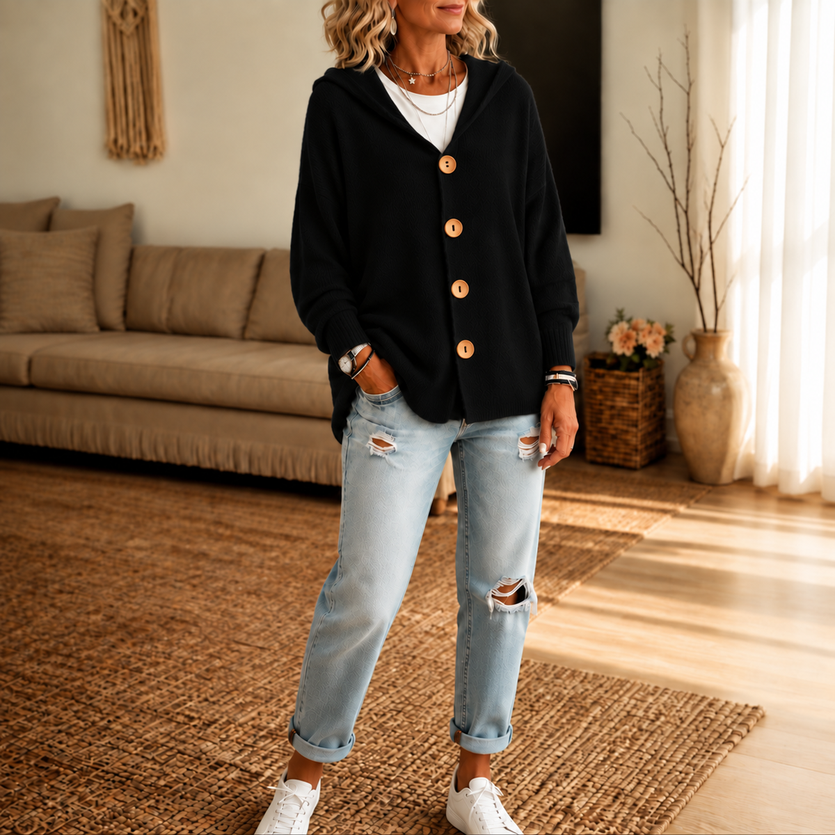 Women's hooded waffle-knit cardigan with button front and ribbed cuffs