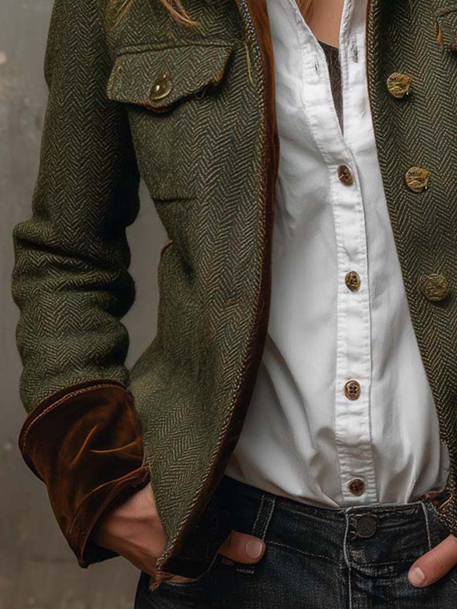 Women's olive herringbone blazer with brown contrast trim, long sleeves and button front