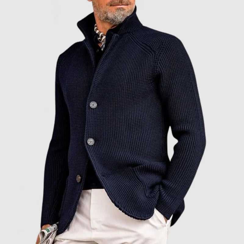 Men's textured knitted cardigan with mock neck, button front and pockets