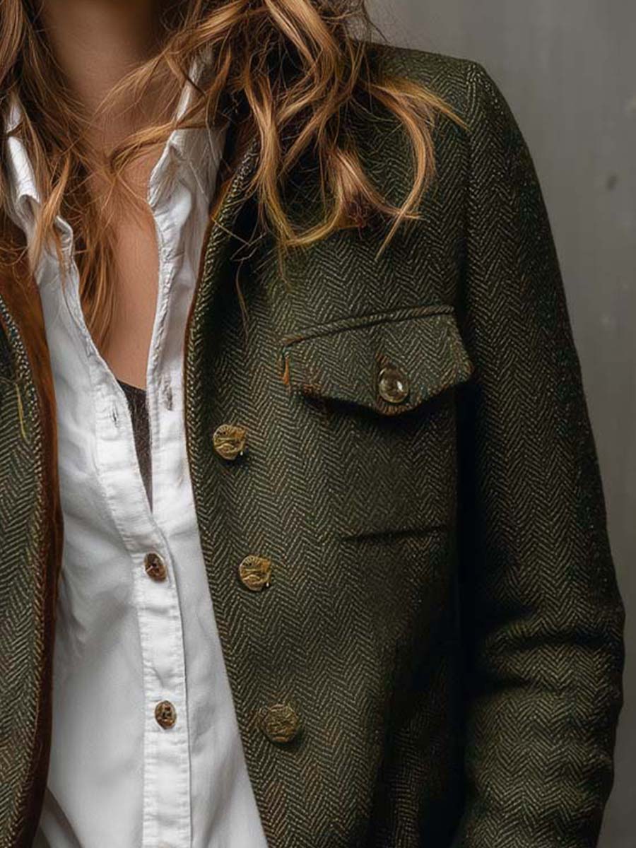 Women's olive herringbone blazer with brown contrast trim, long sleeves and button front