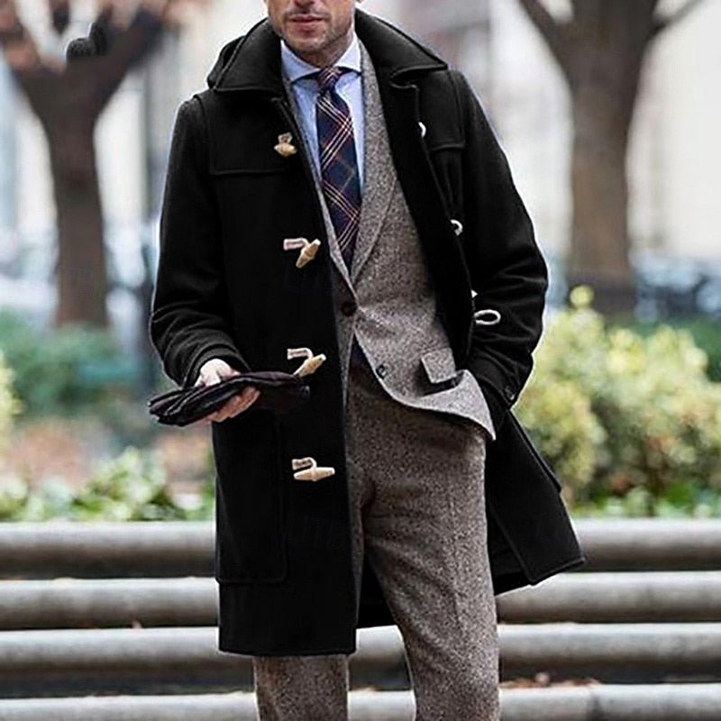 Men's longline trench coat with toggle fastenings, hood and flap pockets