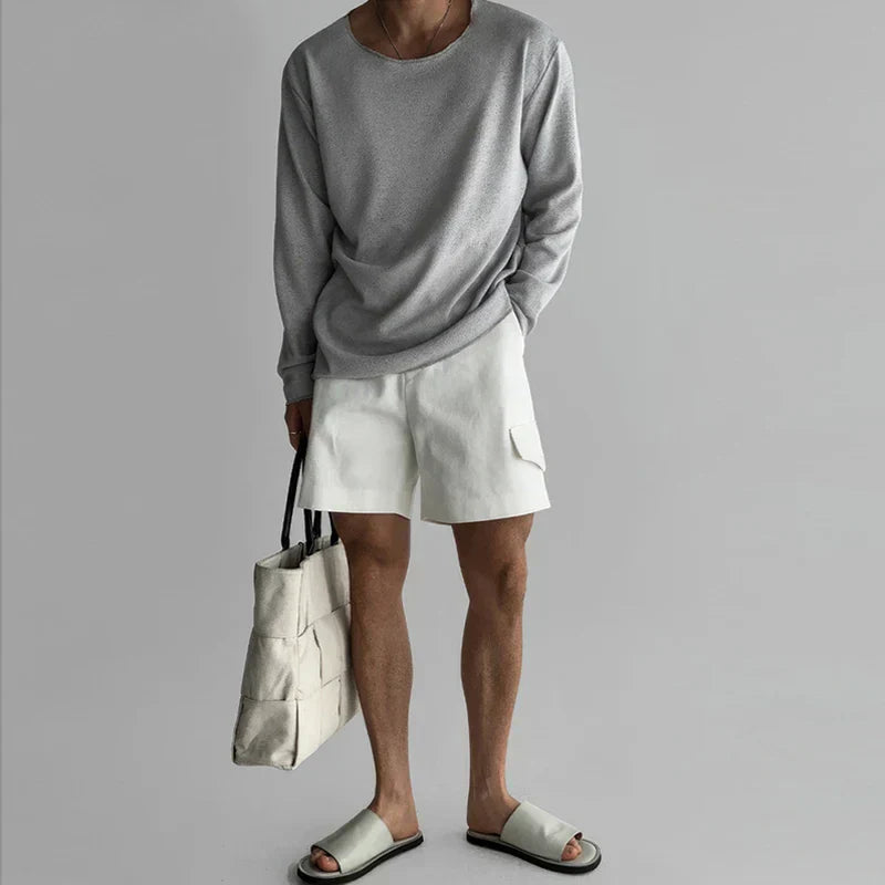 Men's Knit Jumper Open-Knit Long Sleeve Crew Neck - White