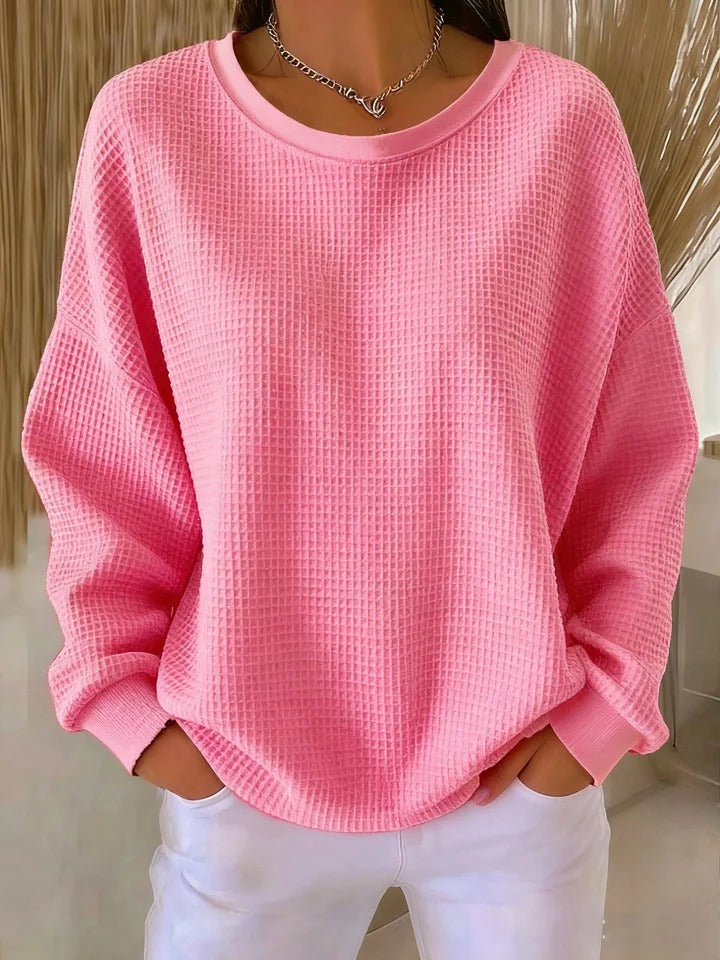Women's long-sleeve waffle-knit crew-neck jumper with ribbed trims