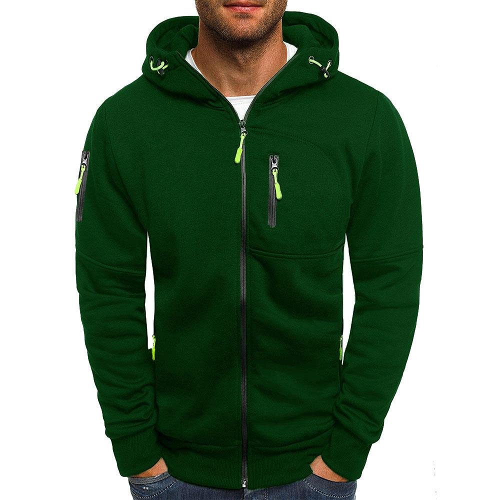 Men's hooded zip-up jacket with multiple zipped pockets and long sleeves