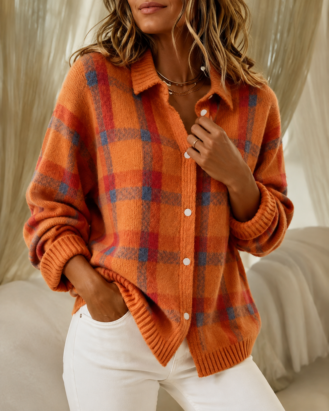 Women's checked knitted cardigan with collared neckline and button front