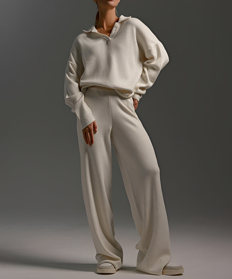 Women's two-piece set with collared jumper and wide-leg trousers