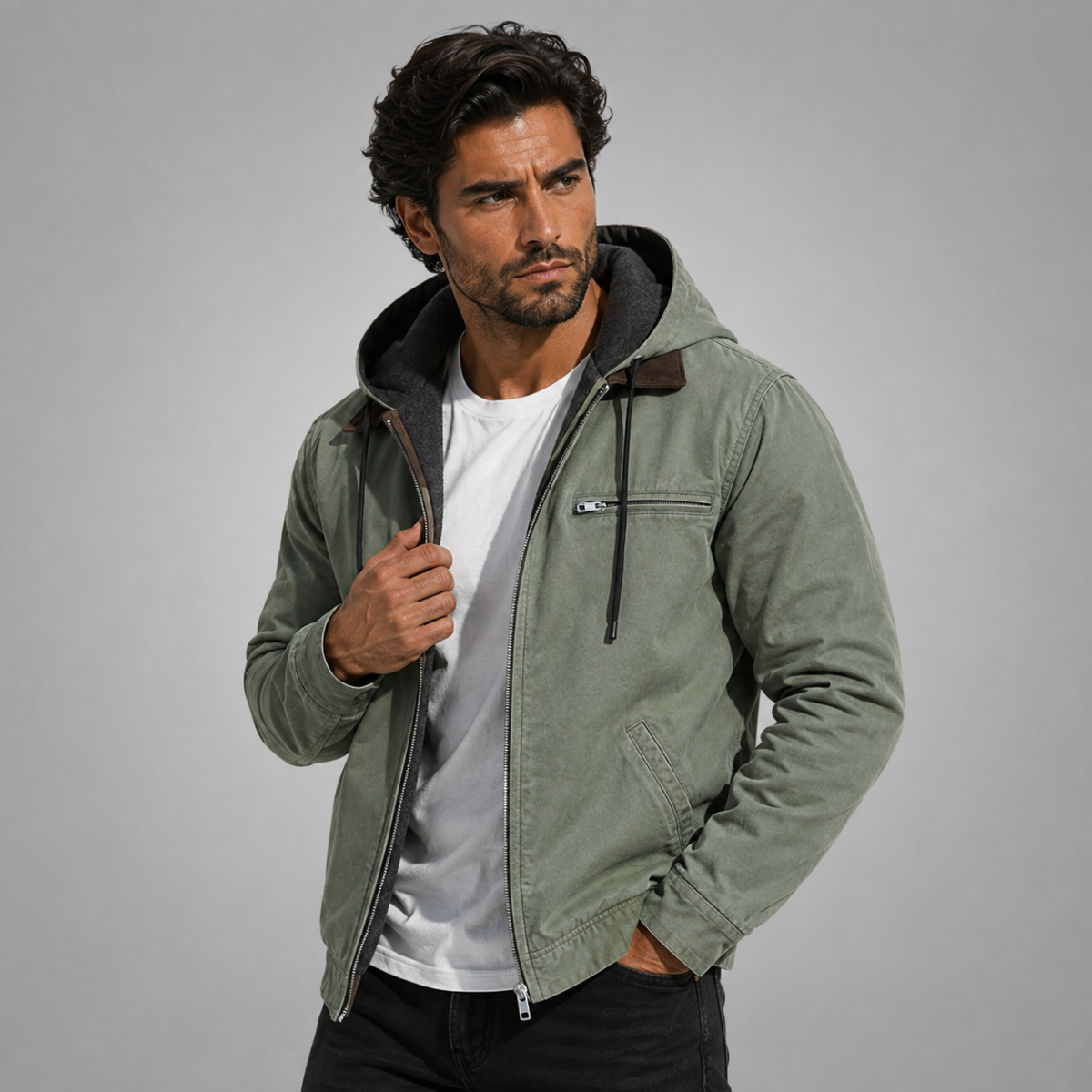 Men's hooded fleece-lined jacket with zip fastening, chest pocket and ribbed trims